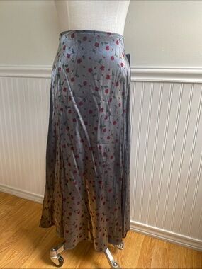 Y2K Gray Satin Maxi Skirt with Red Floral Print
